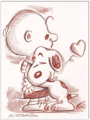 Klausewitz: Original Rötelzeichnung : Peanuts Charlie & Snoopy / 24x32 cm