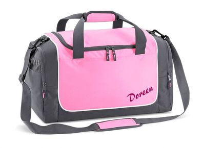Sporttasche rosa, grau mit Name bedruckt, Geschenk für Frauen, kleine Reisetasche