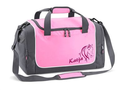 Reittasche rosa grau mit Name bedruckt, Pferd, Sporttasche, Mädchen, Frauen