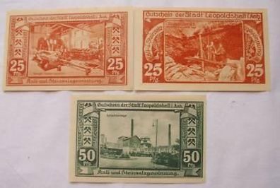3 Banknoten Notgeld Stadt Leopoldshall in Anhalt 1921