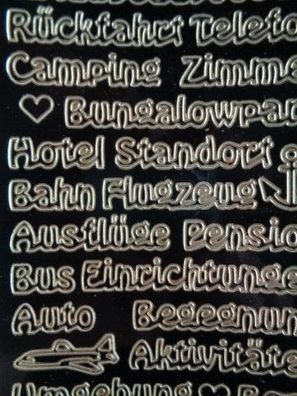 Stickerbogen Schriften : Urlaubsbericht Unterhaltung Rückfahrt Telefon Camping Auto..