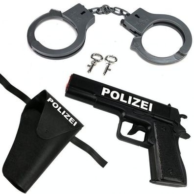 Polizeiset mit Pistole Halfter Handschellen für Fasching Karneval Polizei Waffe