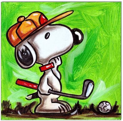 Klausewitz: Original Acryl auf Leinwand: Peanuts Snoopy plays Golf / 20x20 cm