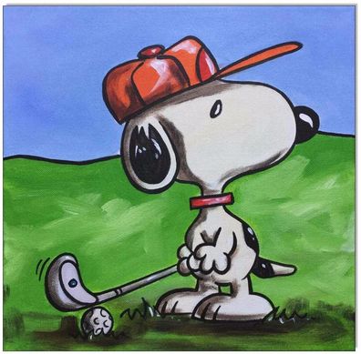 Klausewitz: Original Acryl auf Leinwand: Peanuts Snoopy Golf / 30x30 cm