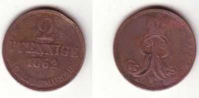 kleine 2 Pfennig Kupfer Münze 1862 Hannover