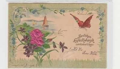 38012 Glückwunsch Ak Blumen Schmetterling Segelboot1901