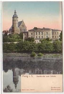 38950 Ak Penig Stadtkirche und Schule um 1910