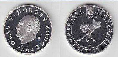 100 Kroner Silber Münze Norwegen Olympia Eisschnelllauf 1991 PP