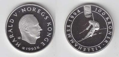 100 Kroner Silber Münze Norwegen Olympia Abfahrt 1993 PP