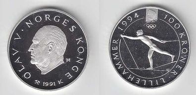 100 Kroner Silber Münze Norwegen Olympia 1991 PP