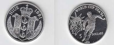 5 Dollar Silber Münze Niue 1991 Fussball WM in PP