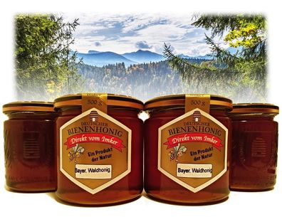 Vier Gläser Bayerischer Waldhonig à 500g, Honig aus eigener Imkerei