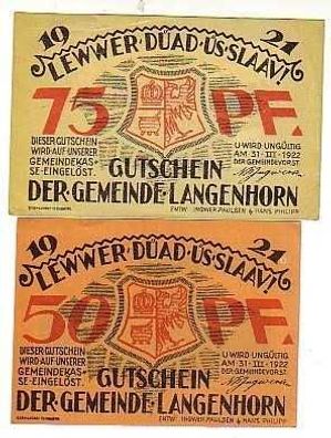 2 Banknoten Notgeld Gemeinde Langenhorn 1922
