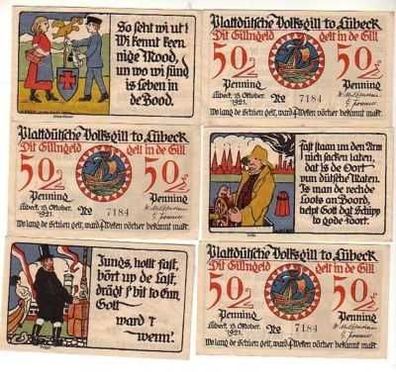 6 Banknoten Notgeld plattdütsche Volksgill Lübeck 1921