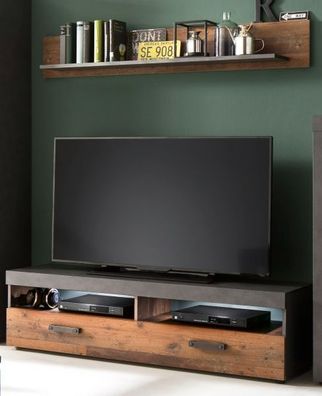 TV Lowboard als Set mit Wandregal Used Wood grau Board für Flat-TV Vintage Stil Indy