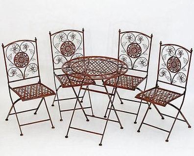 EISEN Sitzgarnitur 4 x STUHL + TISCH Sitzgruppe ANTIK BRAUN Gartenmöbel Garnitur