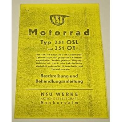 Betriebsanleitung NSU 251 OSL, 351 OT 1940