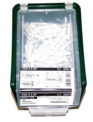 175 Dübel 6mm + 175 Schrauben , in Stapelbox , Dübelbox, Durchsteckdübel