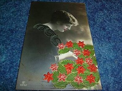 alte Postkarte unbeschrieben mit Stickerei-6514/1
