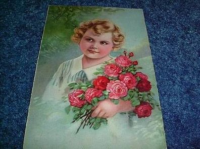 alte Postkarte-Mädchen mit Rosenstrauss