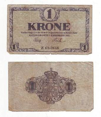 alte Banknote 1 Krone Dänemark 1921