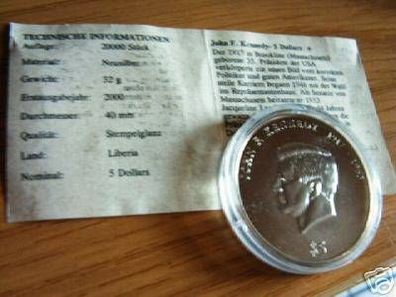 5$ Münze mit J.F.K. Auflage: 20000, Material: Neusilber, Gewicht: 32 gr.