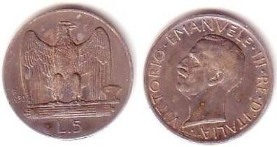 5 Lira Silber Münze Italien 1930 R