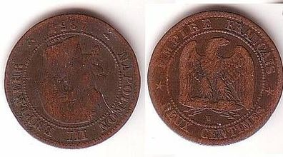 2 Centimes Kupfer Münze Frankreich 1854