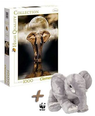Clementoni Puzzle Der Elefant 1000 Teile Puzzel + WWF Plüschtier Elephant 18cm