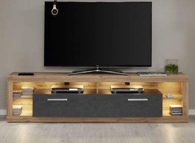 TV Lowboard TV-Tisch Eiche Wotan grau Matera Fernsehtisch Unterteil 200 cm Rock