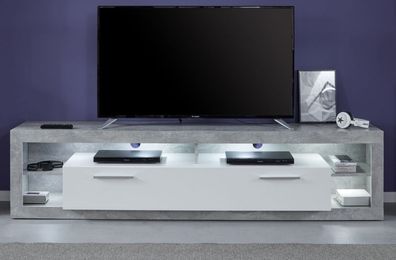 TV-Lowboard Rock weiß Hochglanz Beton Design grau Flat-TV Unterschrank Breite 200 cm