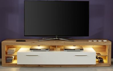 TV-Lowboard Rock in weiß Hochglanz und Wotan Eiche Fernsehtisch Board mit 200 cm