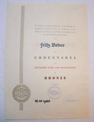 DDR Urkunde zur Ehrennadel des DTSB in Bronze 1963