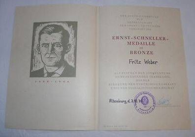 DDR Urkunde Ernst Schneller Medaille Bronze 1970