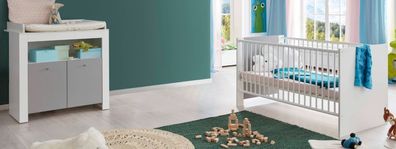 Babyzimmer Wilson Set 2-teilig weiß und grau mit Wickelkommode und Babybett umbaubar