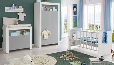 Babyzimmer komplett Set weiß grau 5-teilig Schrank Bett Wickelkommode 2x Regal Wilson