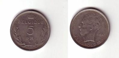 5 Franc Nickel Münze Belgien 1937