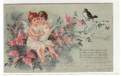 42489 hübsche Ak mit 2 Engeln und Vogel 1901