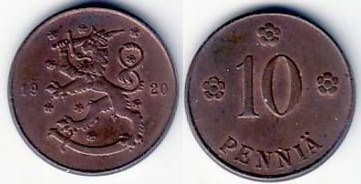 10 Penniä Kupfer Münze Finnland 1920