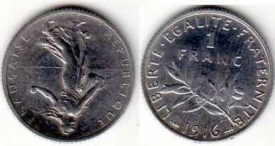 1 Franc Silber Münze Frankreich 1916