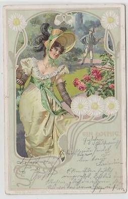 42495 Jugendstil Ak elegante Dame "Ein Wenig" um 1900