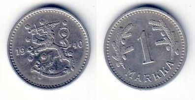 1 Markka Nickel Münze Finnland 1940