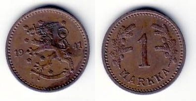 1 Markka Kupfer Münze Finnland 1941
