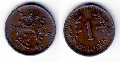 1 Markka Kupfer Münze Finnland 1942
