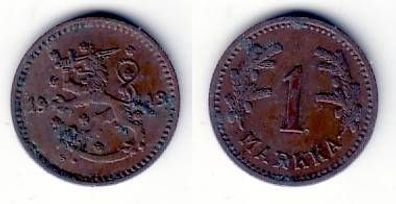 1 Markka Kupfer Münze Finnland 1943