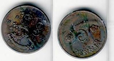 5 Penniä Kupfer Münze Finnland 1922