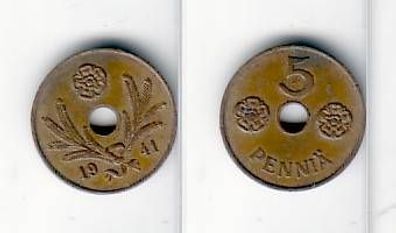 5 Penniä Kupfer Münze Finnland 1941 Lochmünze