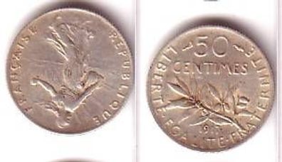 50 Centimes Silber Münze Frankreich 1917
