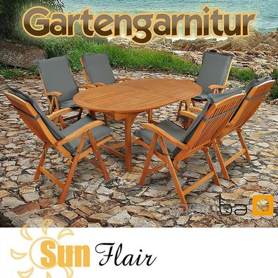 Gartengarnitur 13-tlg Sun Flair Holz + Polsterauflagen Premium Grau - indoba®