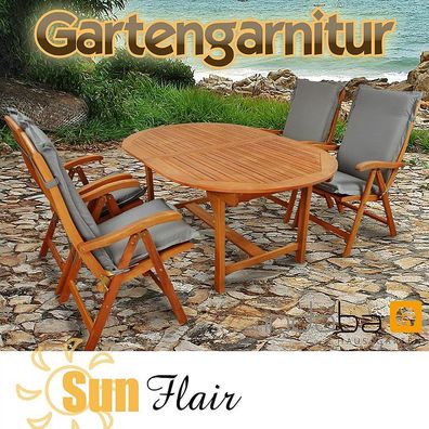 Gartengarnitur Set 9-tlg Sun Flair Holz + Polsterauflagen Premium Grau - indoba®